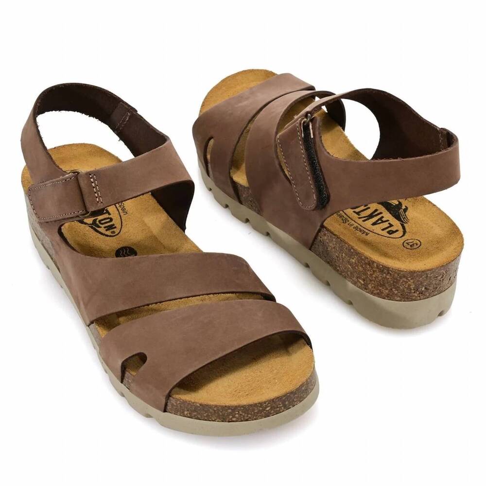 NEW PLAKTON women's comodoro leather wedge sandals in chestnut